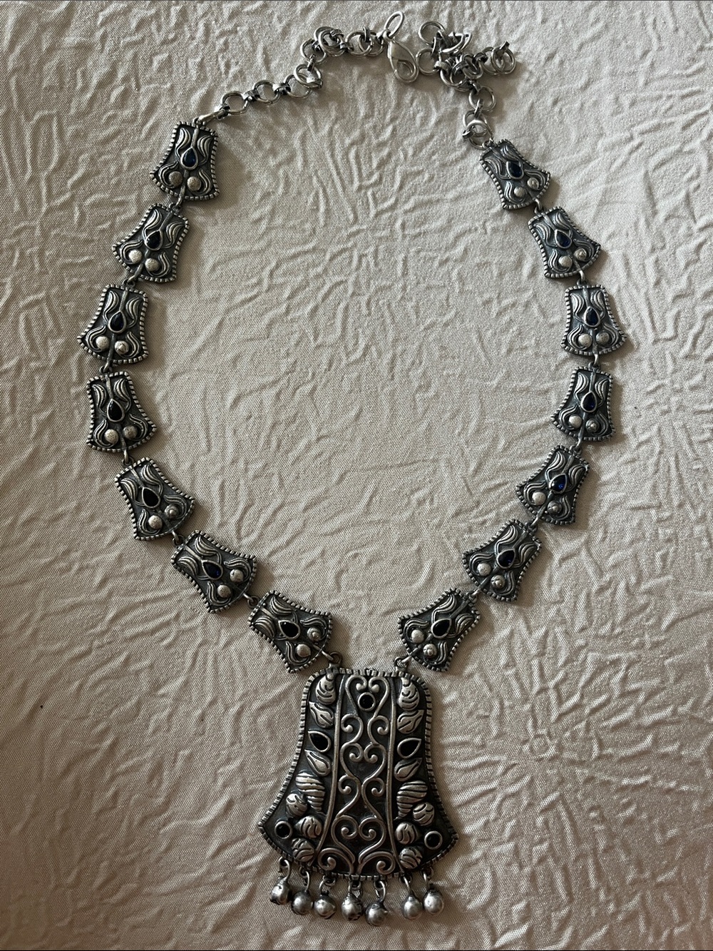Ornate Silver-Tone Filigree Pendant Necklace - Black Accents